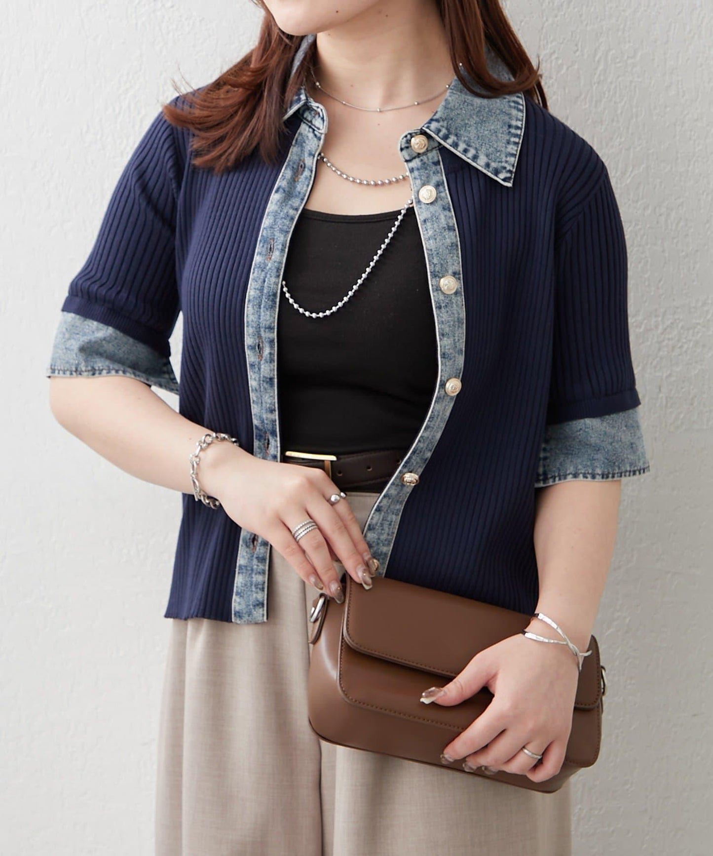 清爽休閒風牛仔拼接針織開衫