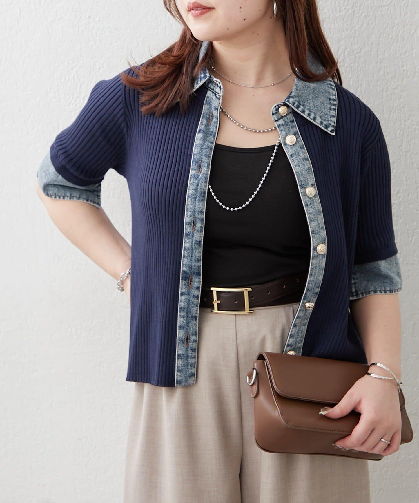 清爽休閒風牛仔拼接針織開衫