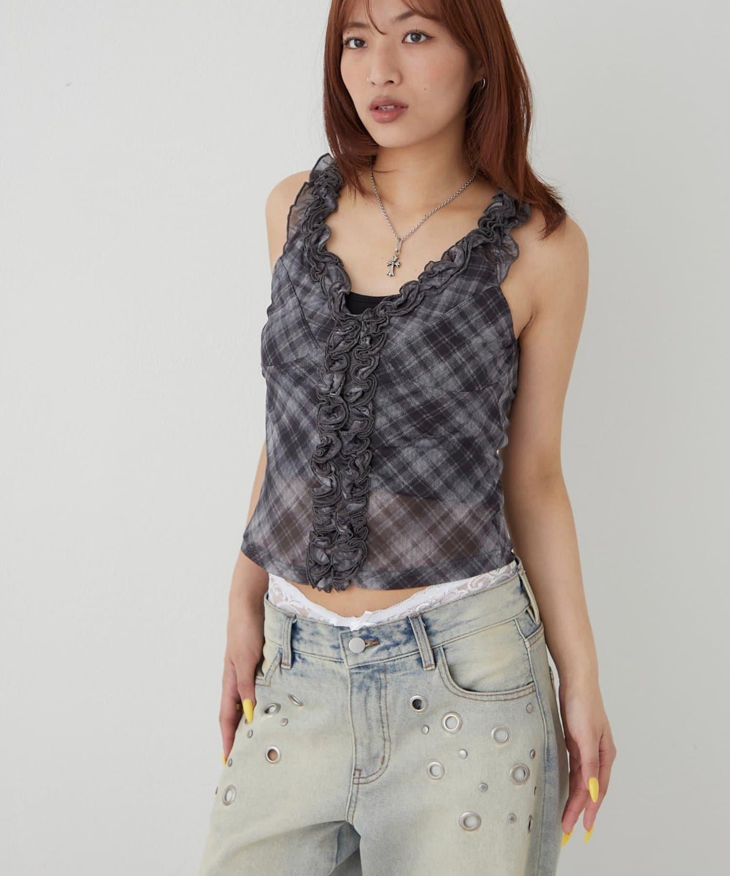中央荷葉邊 格紋/波點 吊帶上衣