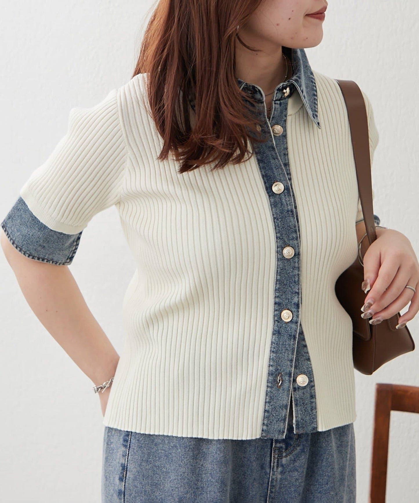 清爽休閒風牛仔拼接針織開衫
