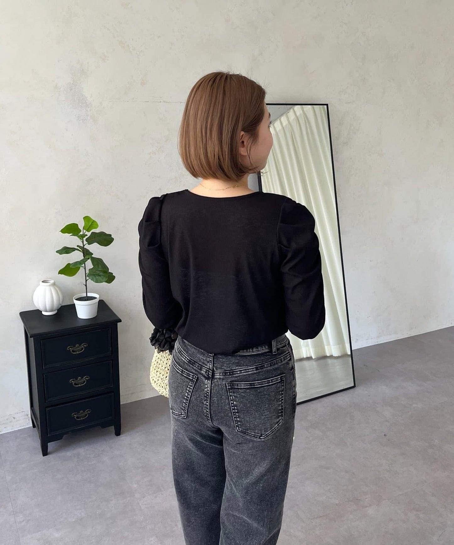 透紗 蓬蓬袖 羅紋 上衣