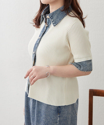 清爽休閒風牛仔拼接針織開衫