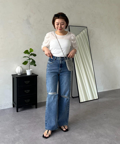 透紗 蓬蓬袖 羅紋 上衣