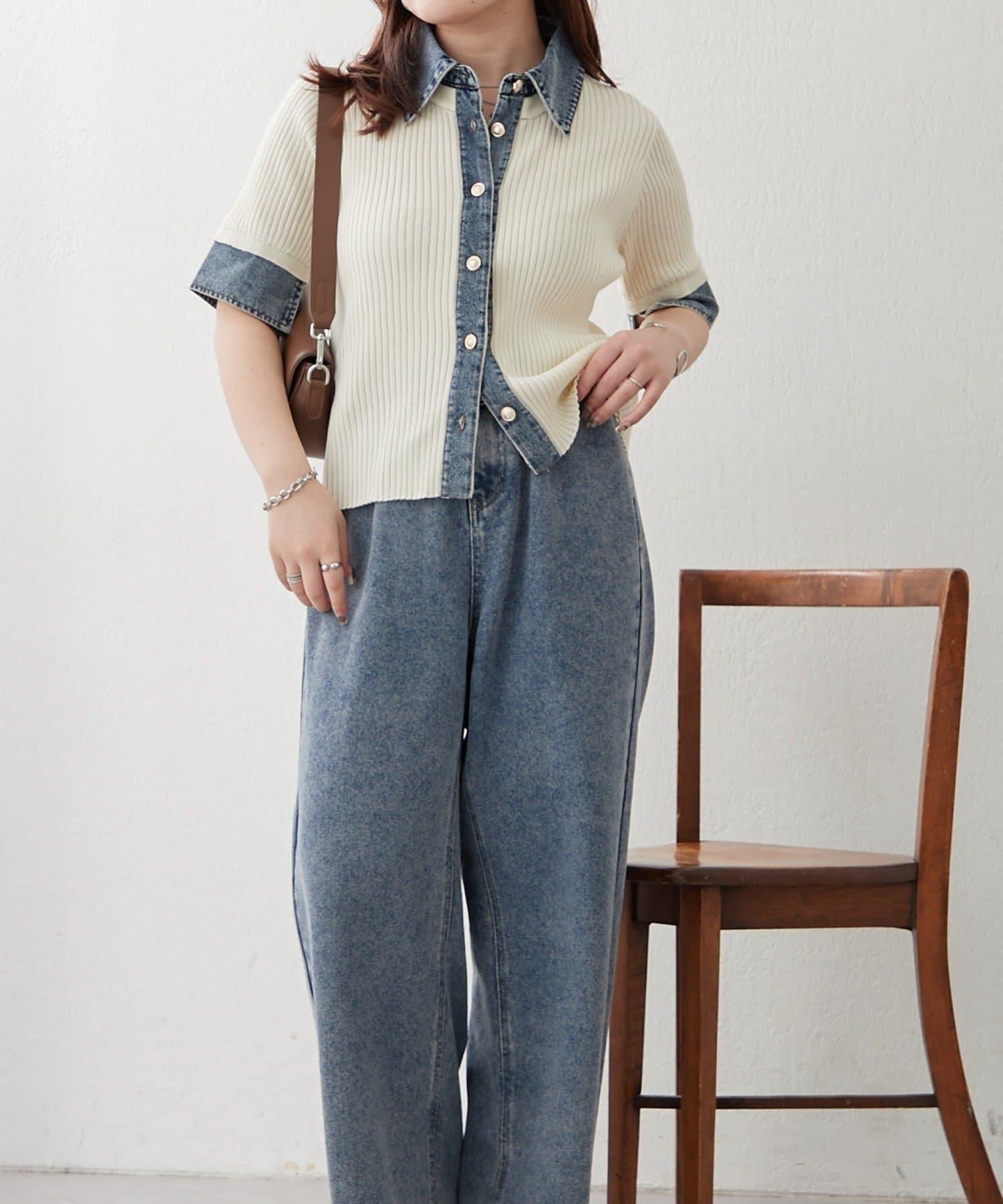 清爽休閒風牛仔拼接針織開衫
