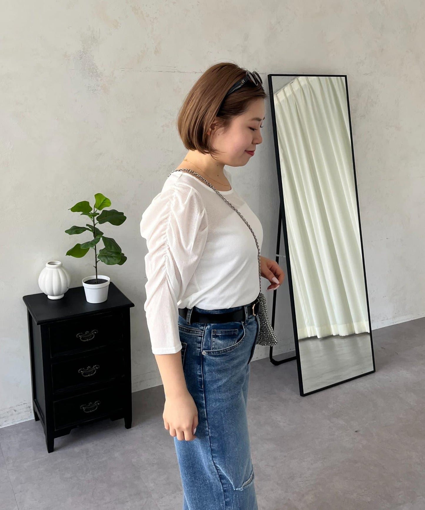 透紗 蓬蓬袖 羅紋 上衣