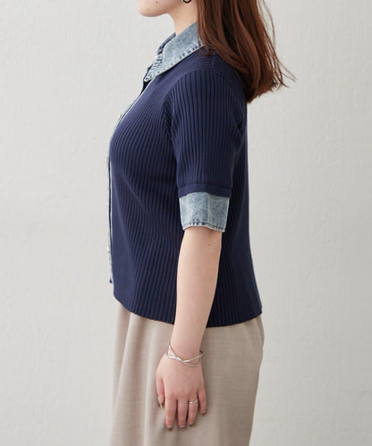 清爽休閒風牛仔拼接針織開衫