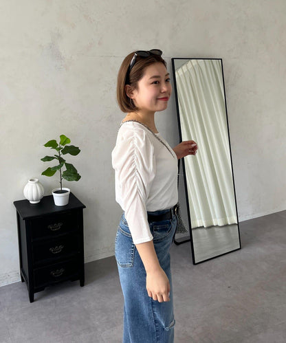 透紗 蓬蓬袖 羅紋 上衣