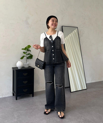 牛仔荷葉擺吊帶背心