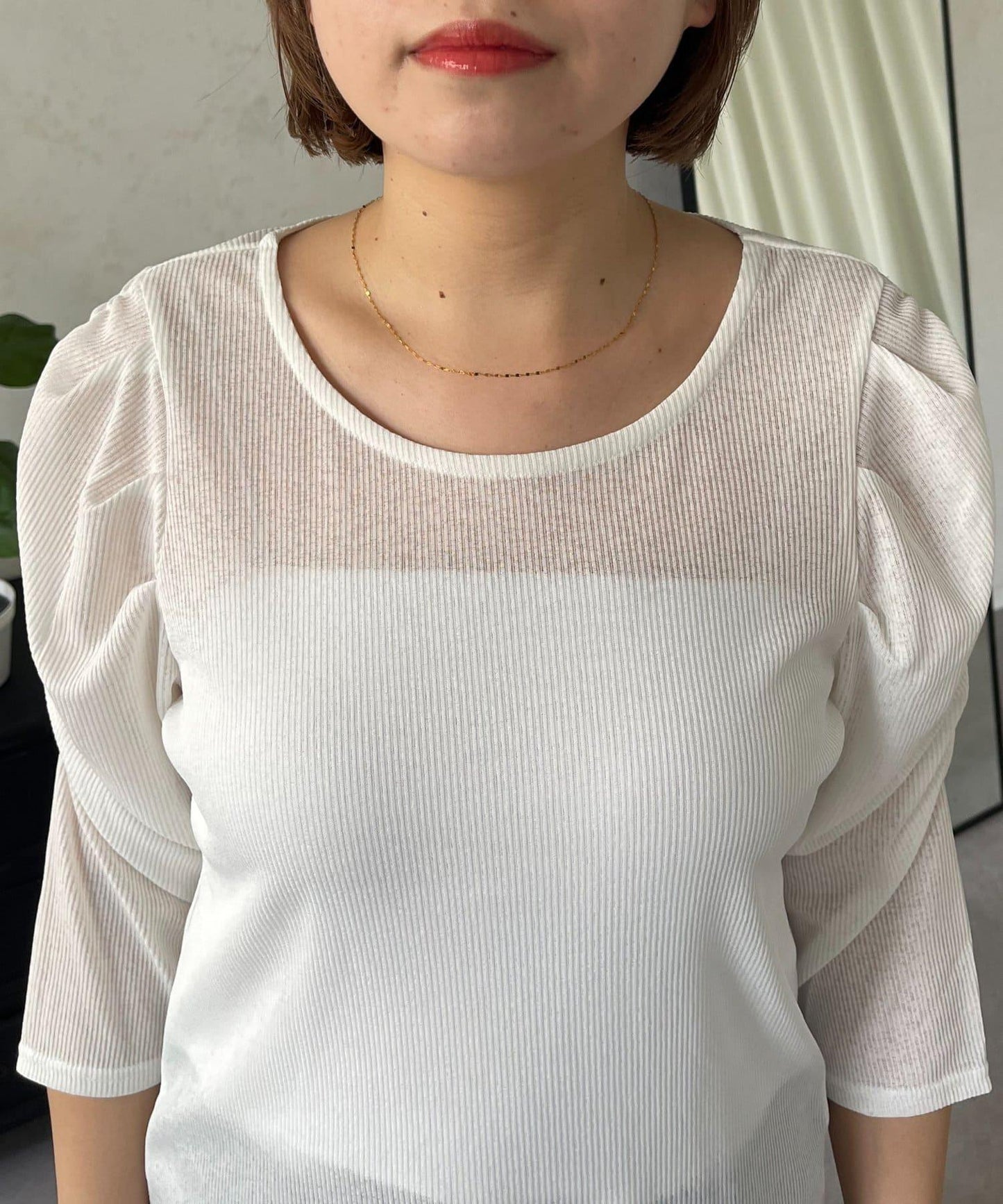 透紗 蓬蓬袖 羅紋 上衣