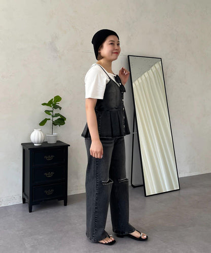 牛仔荷葉擺吊帶背心