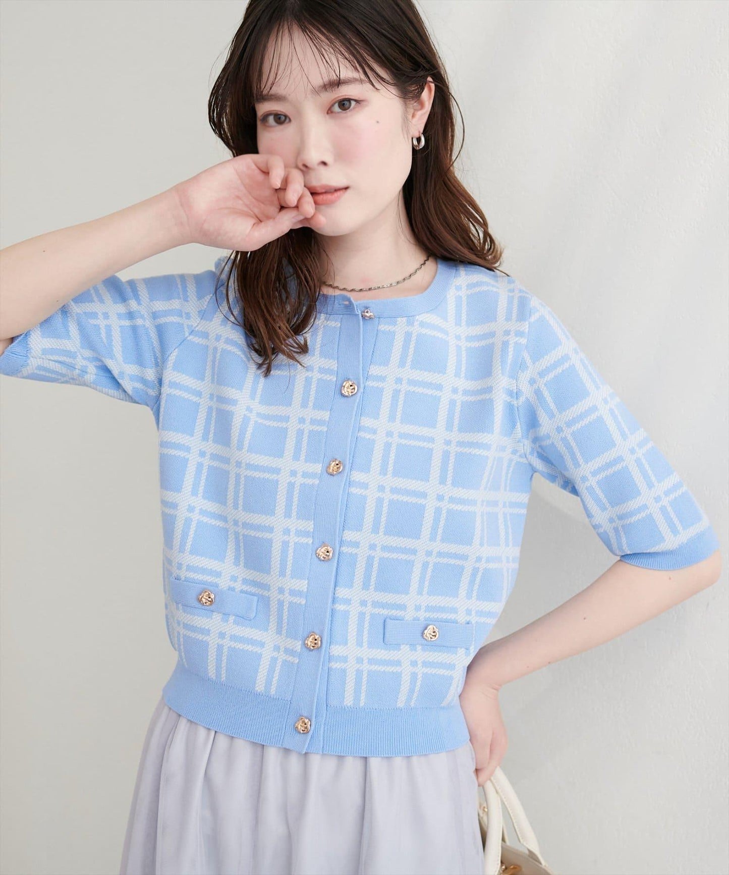 亞麻觸感格紋針織上衣