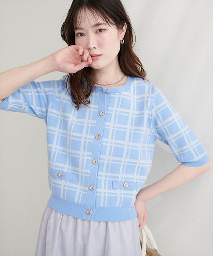 亞麻觸感格紋針織上衣