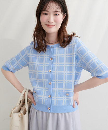 亞麻觸感格紋針織上衣