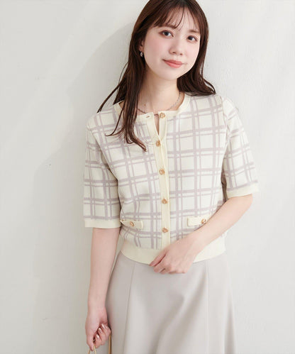 亞麻觸感格紋針織上衣