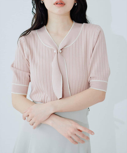 珍珠裝飾領結設計雙色針織上衣