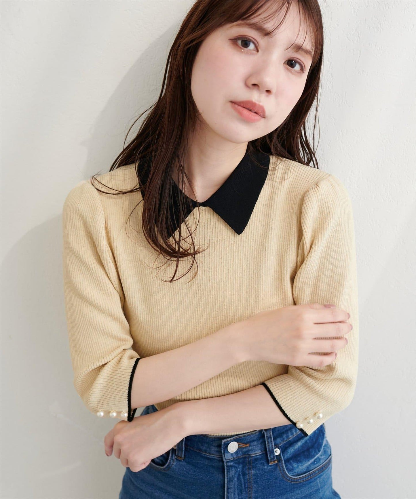配色翻領六分袖 羅紋針織 針織上衣