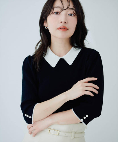 配色翻領六分袖 羅紋針織 針織上衣