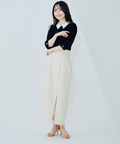 配色翻領六分袖 羅紋針織 針織上衣
