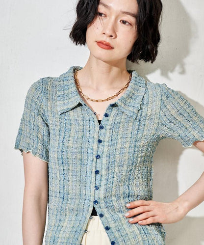 凹凸格紋設計 短袖襯衫
