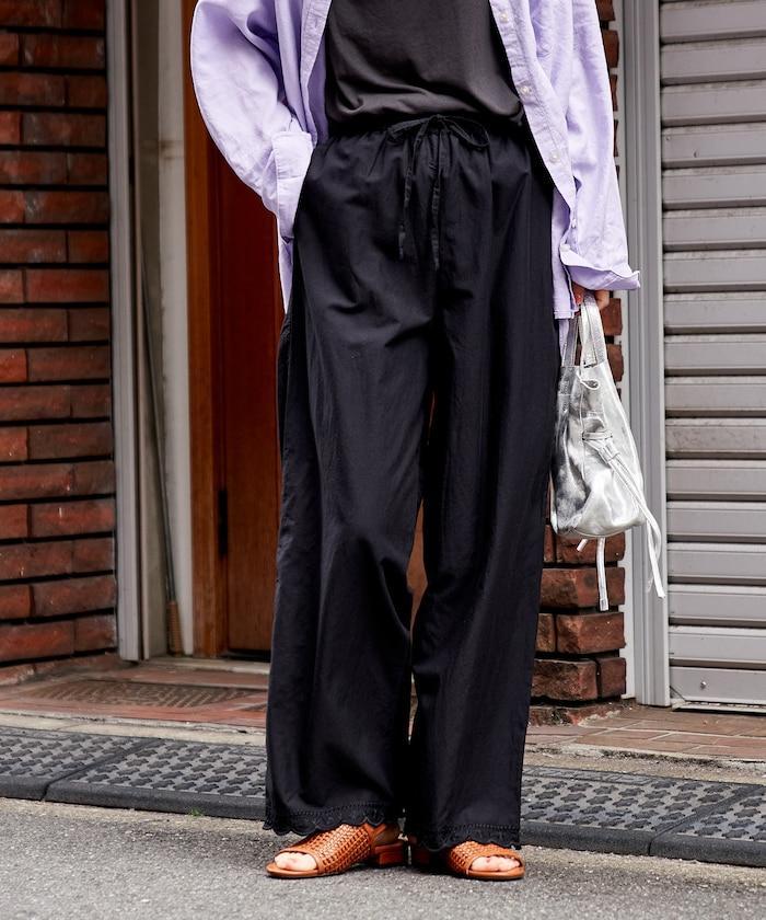 印度風裾部刺繡 闊腿 彈力休閒褲