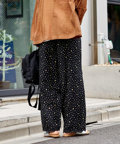 印度風裾部刺繡 闊腿 彈力休閒褲