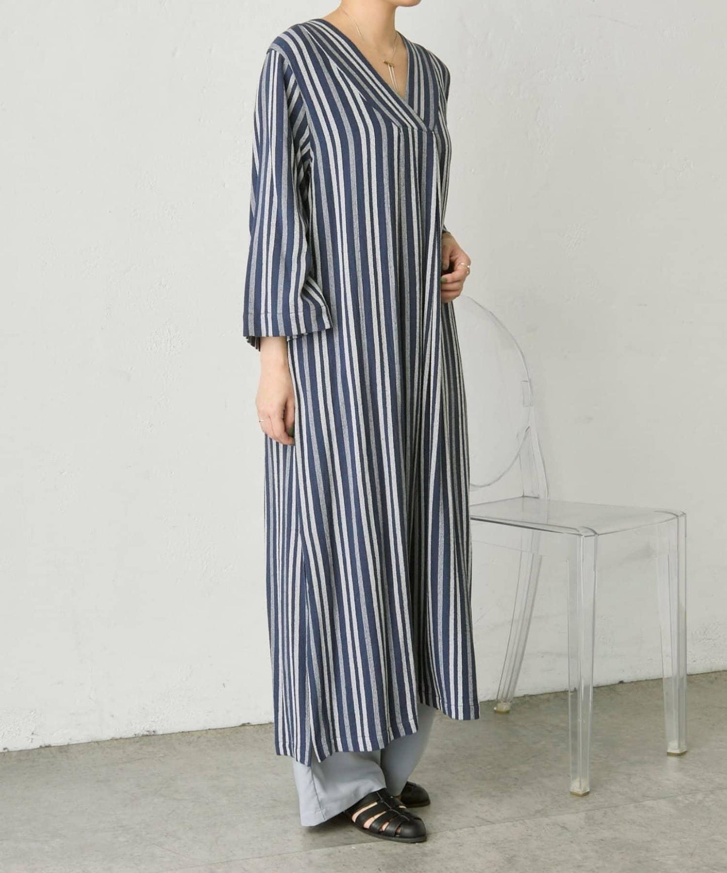 麻混質感 條紋 後開叉 亞麻風面料 連衣裙 SUM1 STYLE