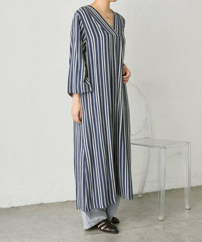麻混質感 條紋 後開叉 亞麻風面料 連衣裙 SUM1 STYLE