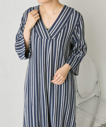 麻混質感 條紋 後開叉 亞麻風面料 連衣裙 SUM1 STYLE