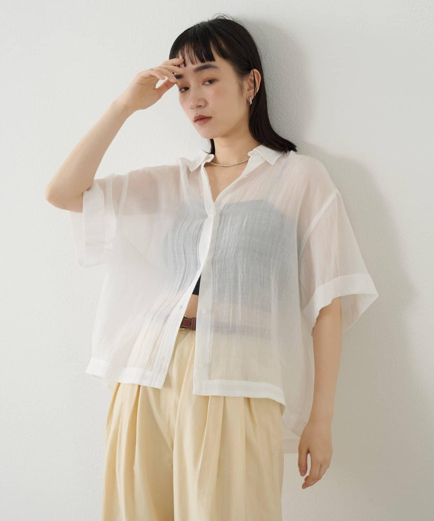 Omekashi 透感亞麻短袖襯衫