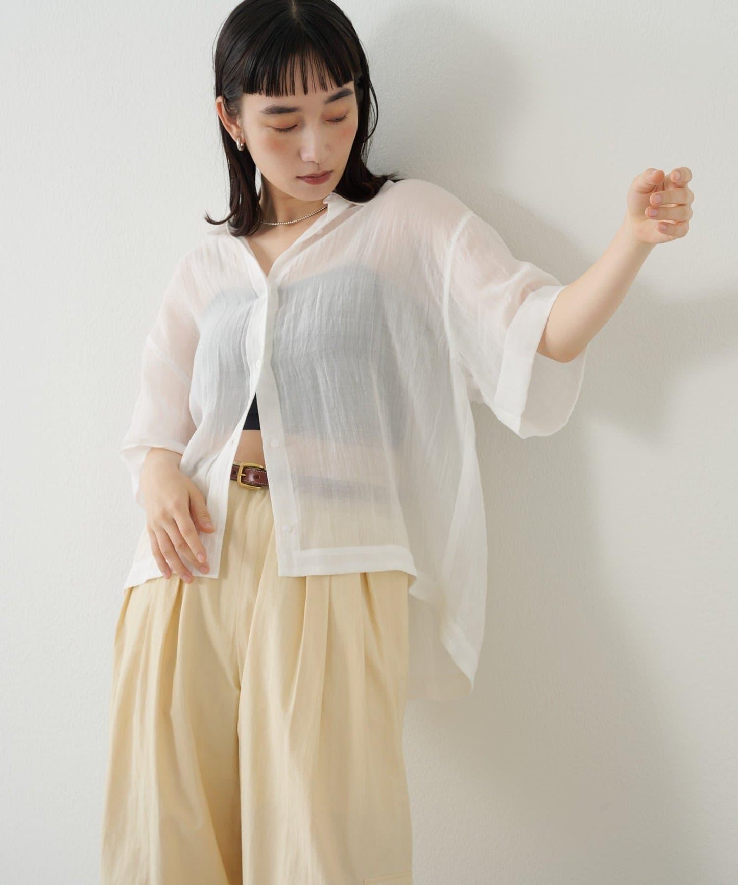 Omekashi 透感亞麻短袖襯衫