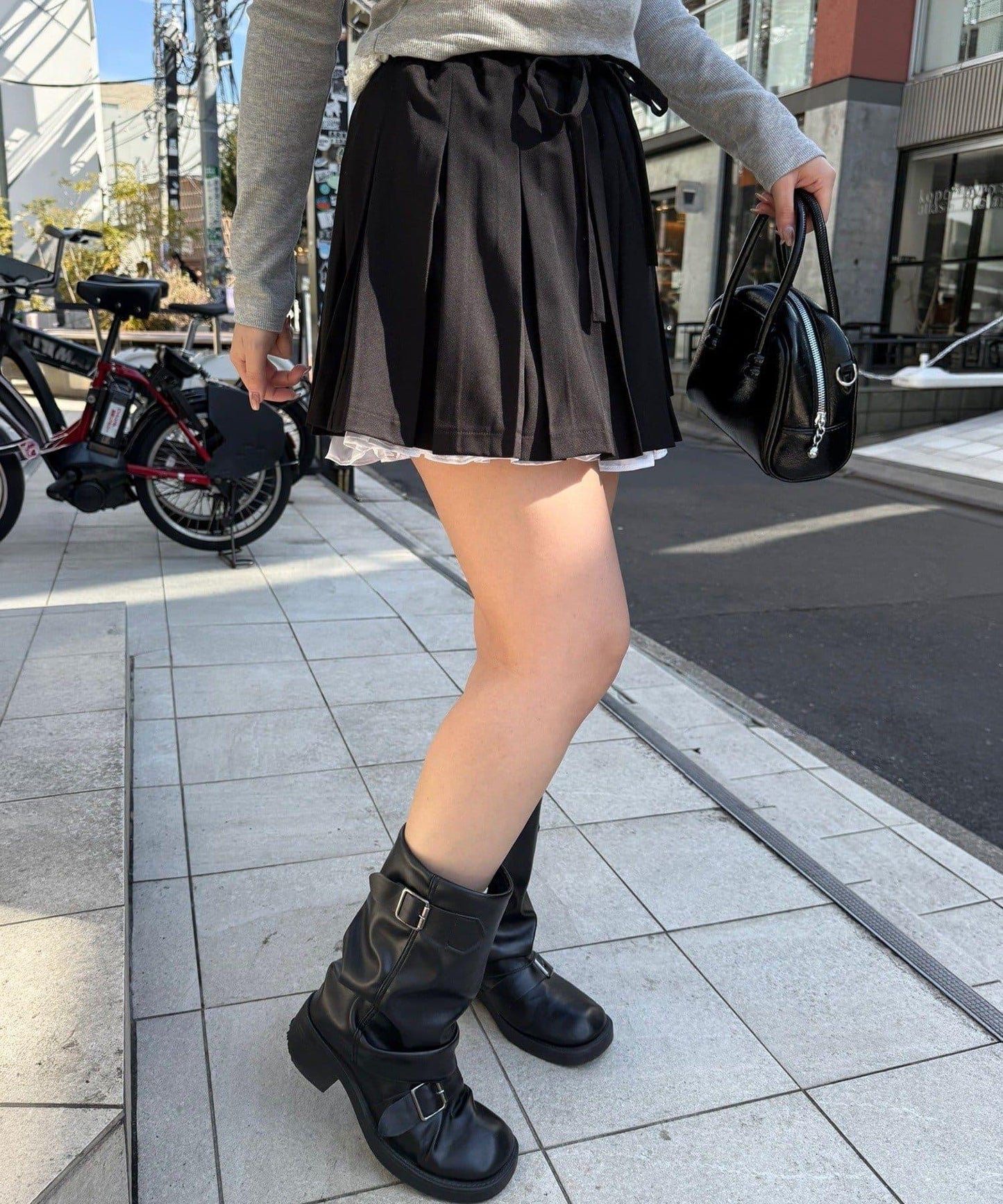 雙層腰頭褶皺迷你半身裙