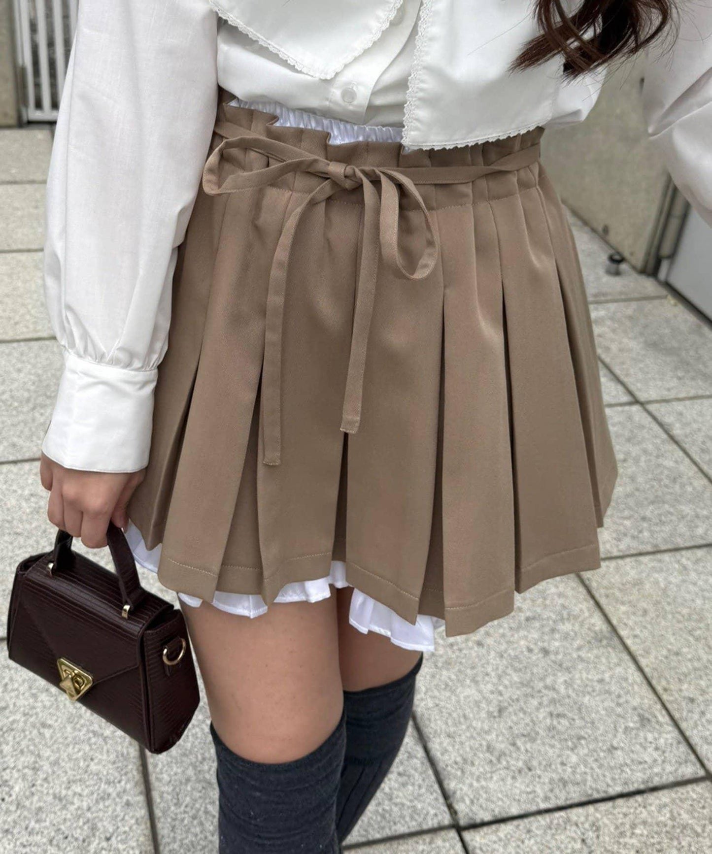 雙層腰頭褶皺迷你半身裙