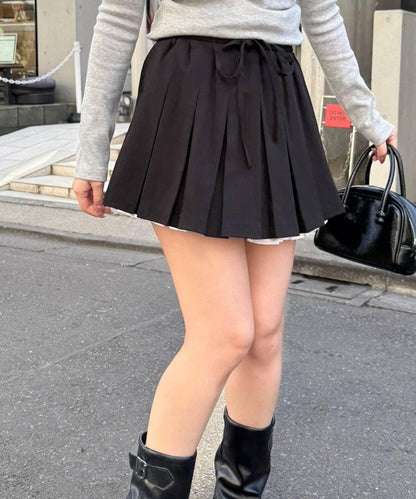 雙層腰頭褶皺迷你半身裙