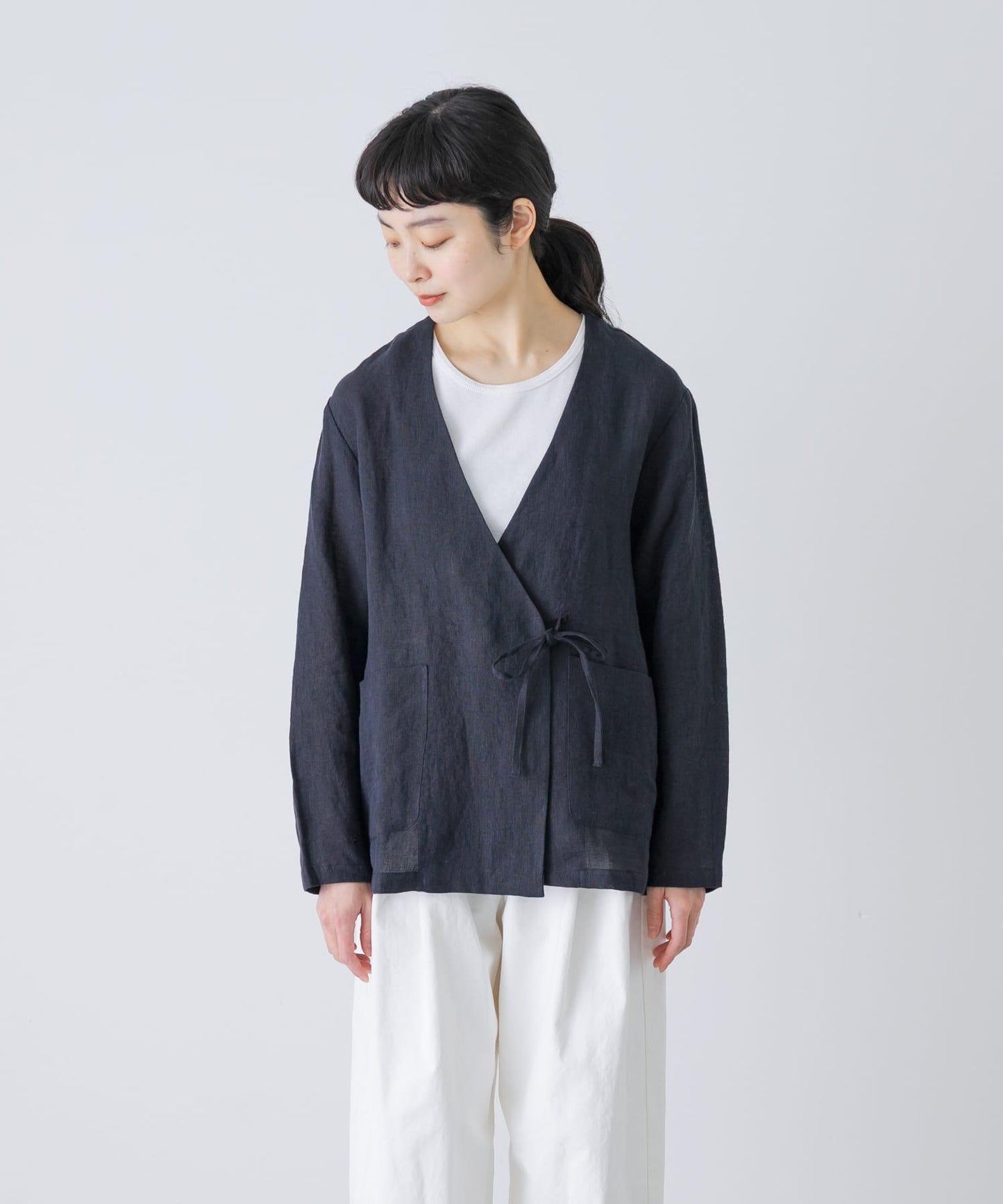 亞麻裹身設計開衫外套