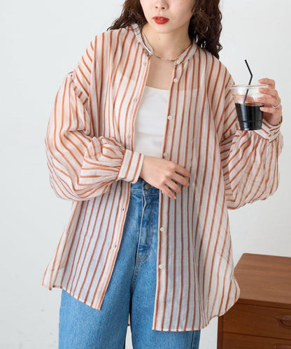 天絲透感混合圖案立領襯衫