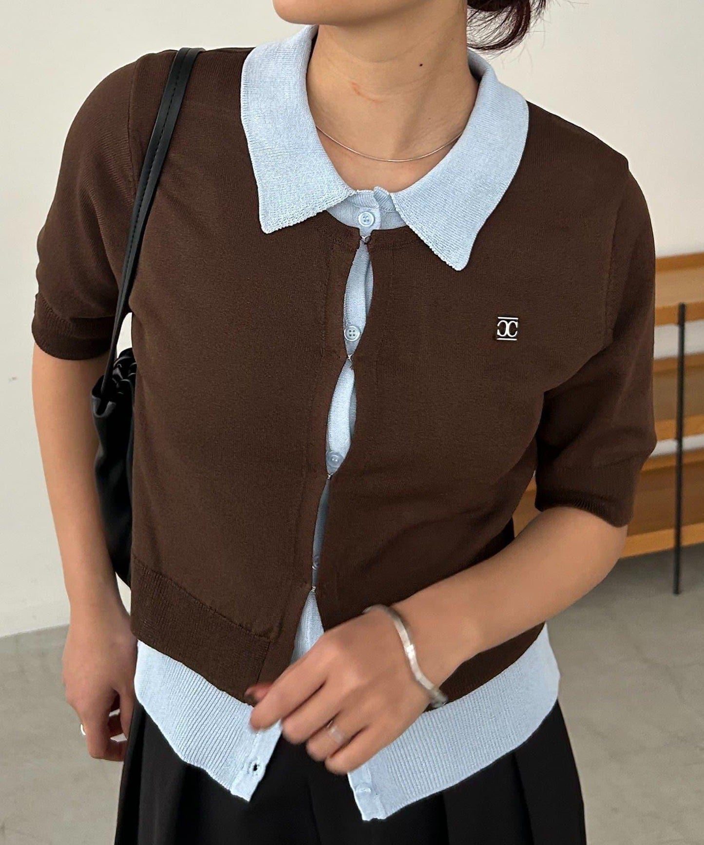 短袖層疊設計Polo領針織開衫