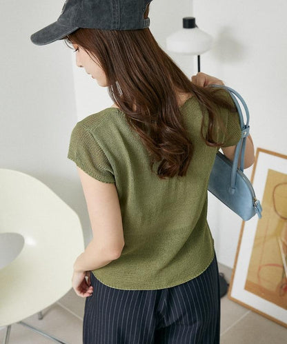 仿麻質感 亨利領 針織上衣