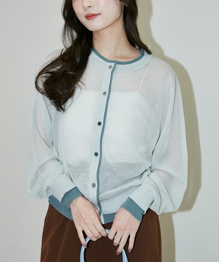 可水洗亞麻配色透紗針織開衫