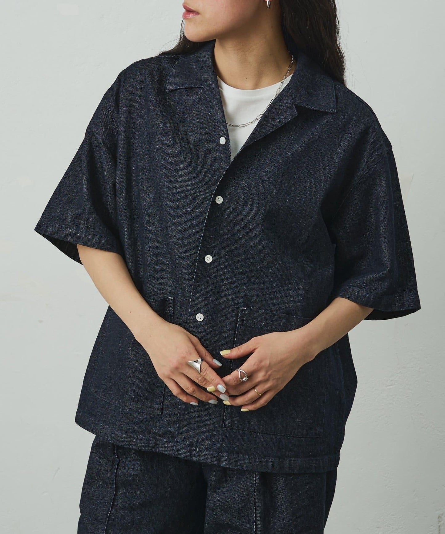 亞麻混牛仔面料 可成套搭配 短袖襯衫