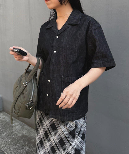 亞麻混牛仔面料 可成套搭配 短袖襯衫