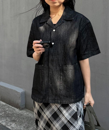 亞麻混牛仔面料 可成套搭配 短袖襯衫