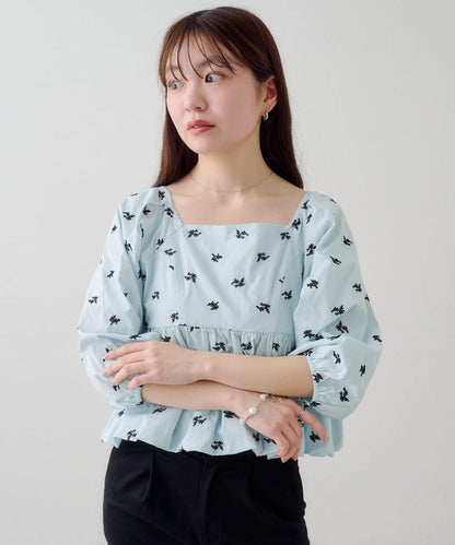 花卉圖案 泡泡袖 襯衫