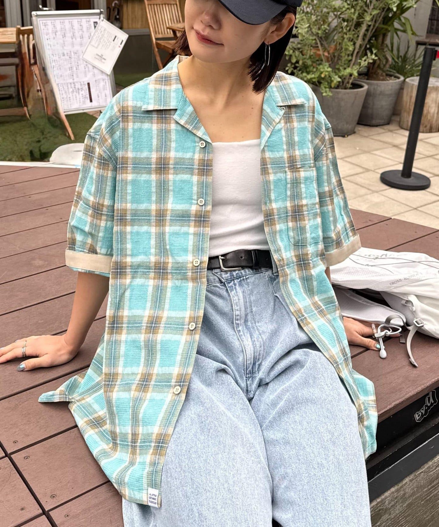 巴拿馬織 撞色袖 交叉設計 半袖格紋襯衫