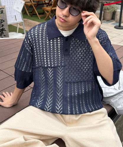 UNISEX 蕾絲編織拼接 針織POLO衫（網絡限定）