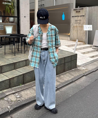 巴拿馬織 撞色袖 交叉設計 半袖格紋襯衫