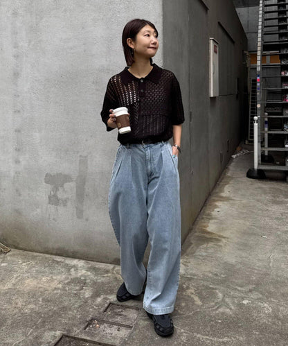 UNISEX 蕾絲編織拼接 針織POLO衫（網絡限定）
