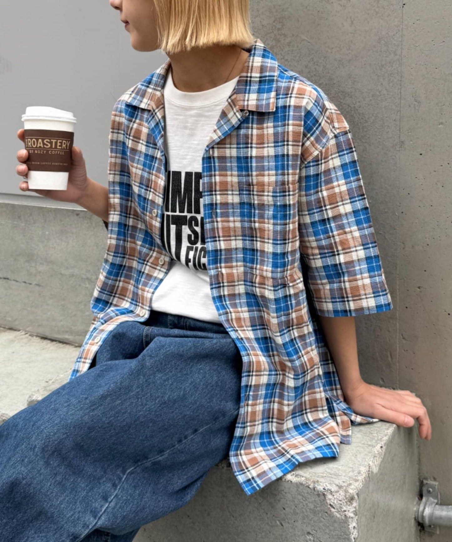 巴拿馬織 撞色袖 交叉設計 半袖格紋襯衫