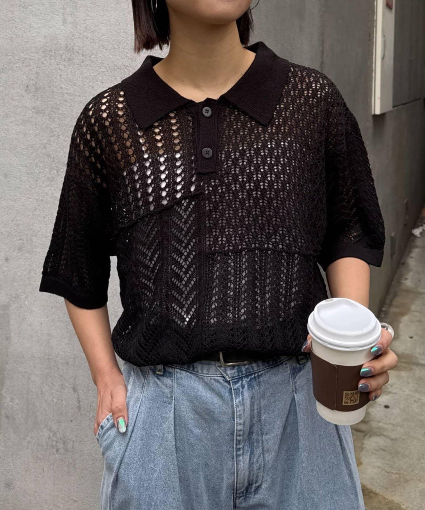 UNISEX 蕾絲編織拼接 針織POLO衫（網絡限定）