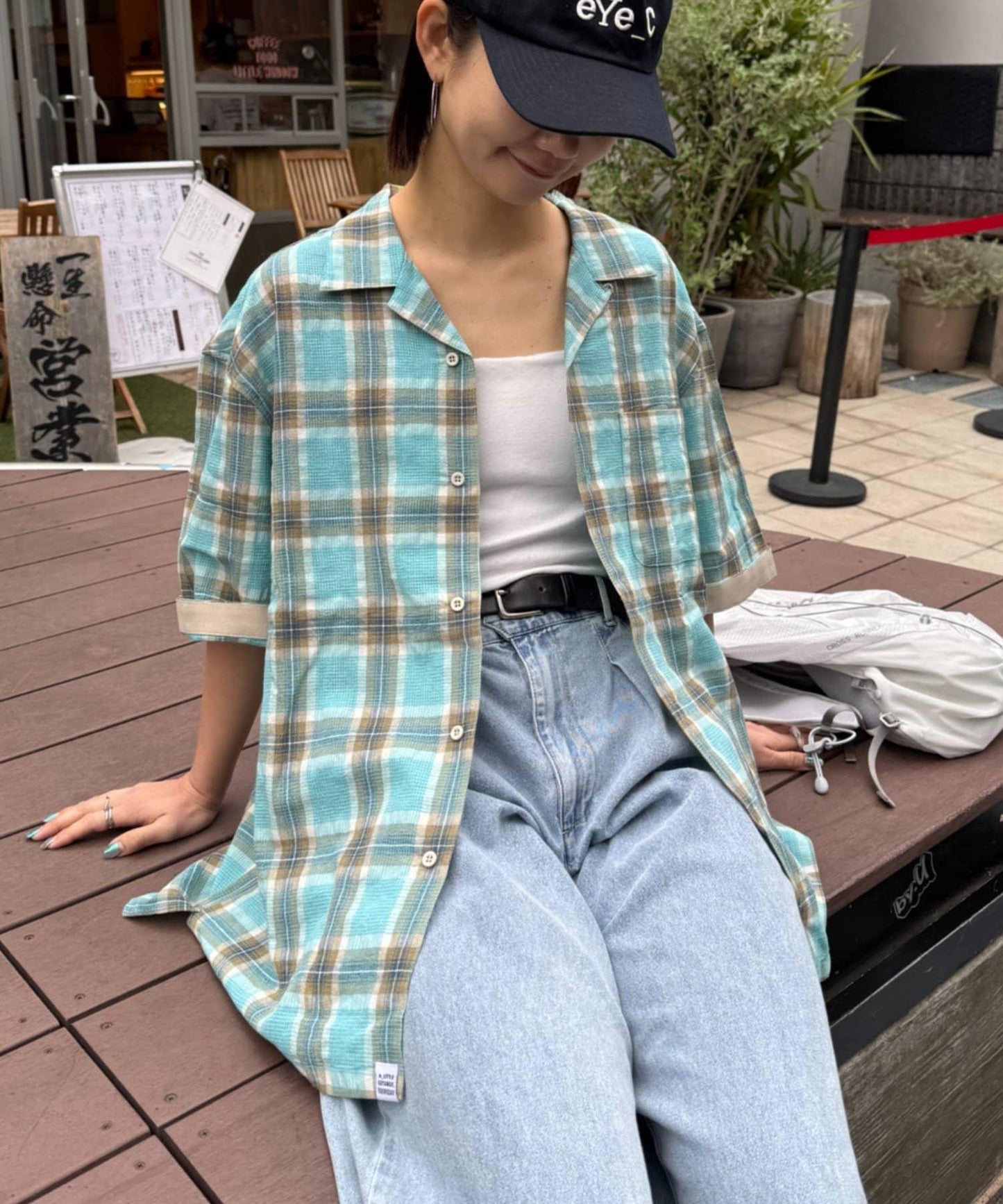 巴拿馬織 撞色袖 交叉設計 半袖格紋襯衫