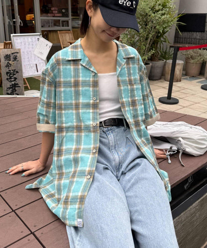 巴拿馬織 撞色袖 交叉設計 半袖格紋襯衫
